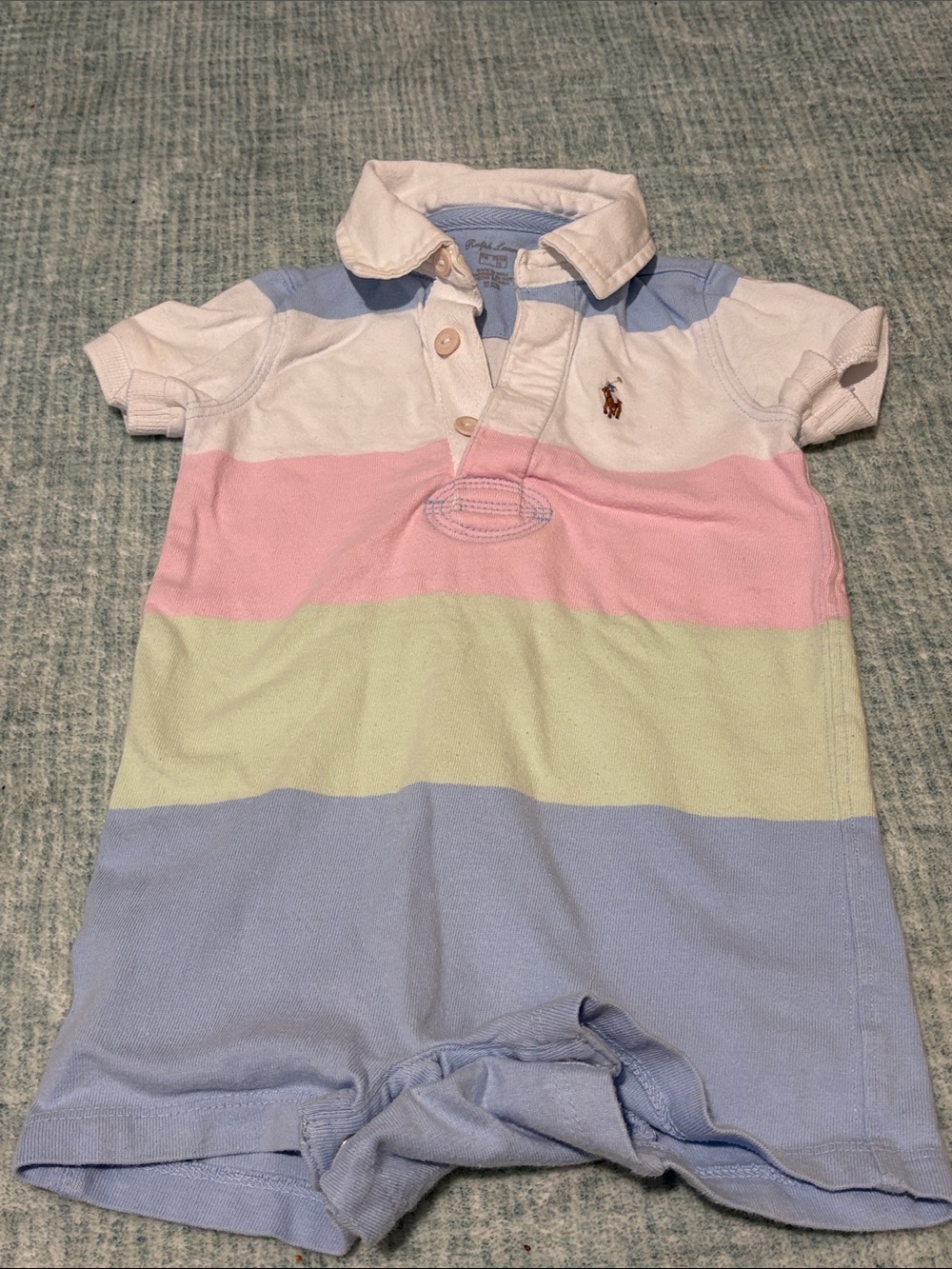 Ralph Lauren Baby Short-Sleeve Polo Romper in Pastel Stripe, 9 mo